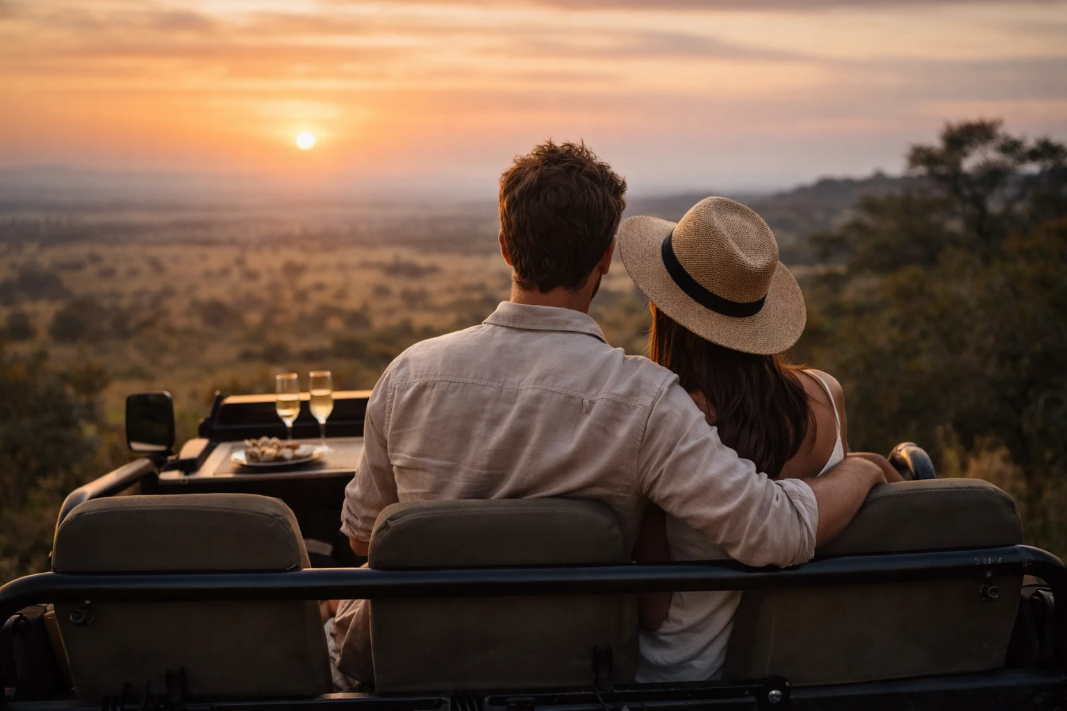Honeymoon couple on a private safari drive in Tanzania